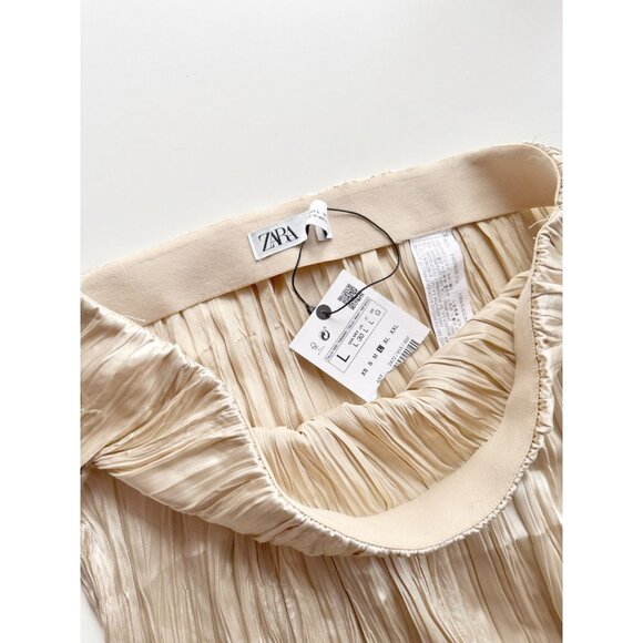 NWT ZARA Champagne Beige Satin Crinkle Pleated Midi Slip Skirt, Size L - Picture 10 of 13